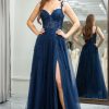 Homrain Tulle A Line Backless Appliqued Long Corset Prom Dress With Slit | Purple Prom Dresses