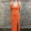 Homrain Sheath Deep V Neck Sequins Backless Long Prom Dress | Orange Prom Dresses