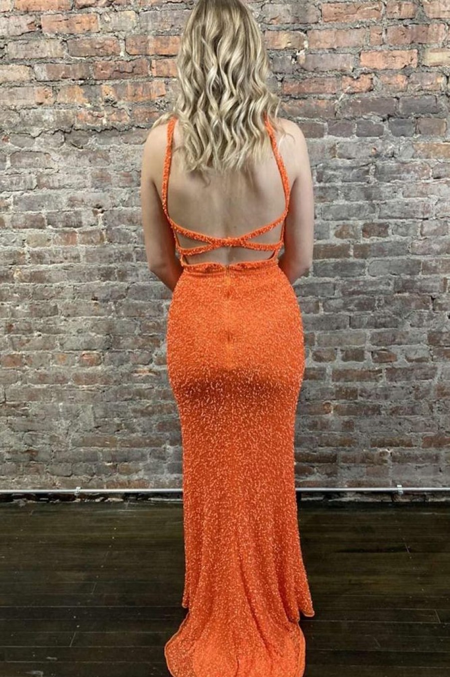 Homrain Sheath Deep V Neck Sequins Backless Long Prom Dress | Orange Prom Dresses