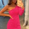 Homrain Sequins Homecoming Dress With Sleeves | Hot Pink Hoco Dresses