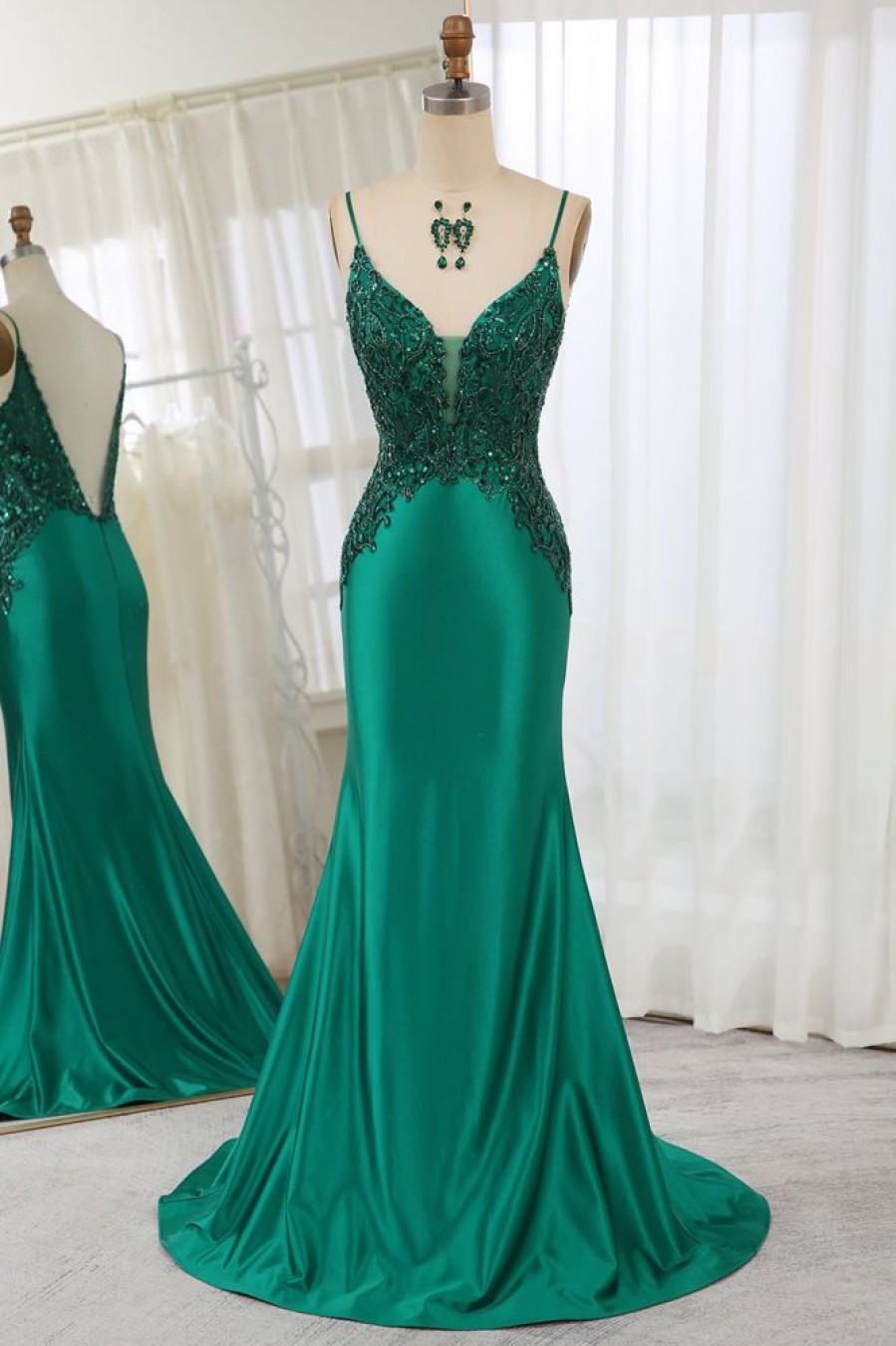 Homrain Glitter Mermaid Backless Long Prom Dress With Beaded Appliques | Green Prom Dresses