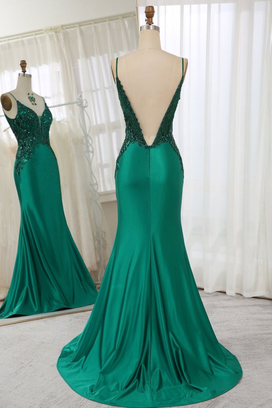 Homrain Glitter Mermaid Backless Long Prom Dress With Beaded Appliques | Green Prom Dresses