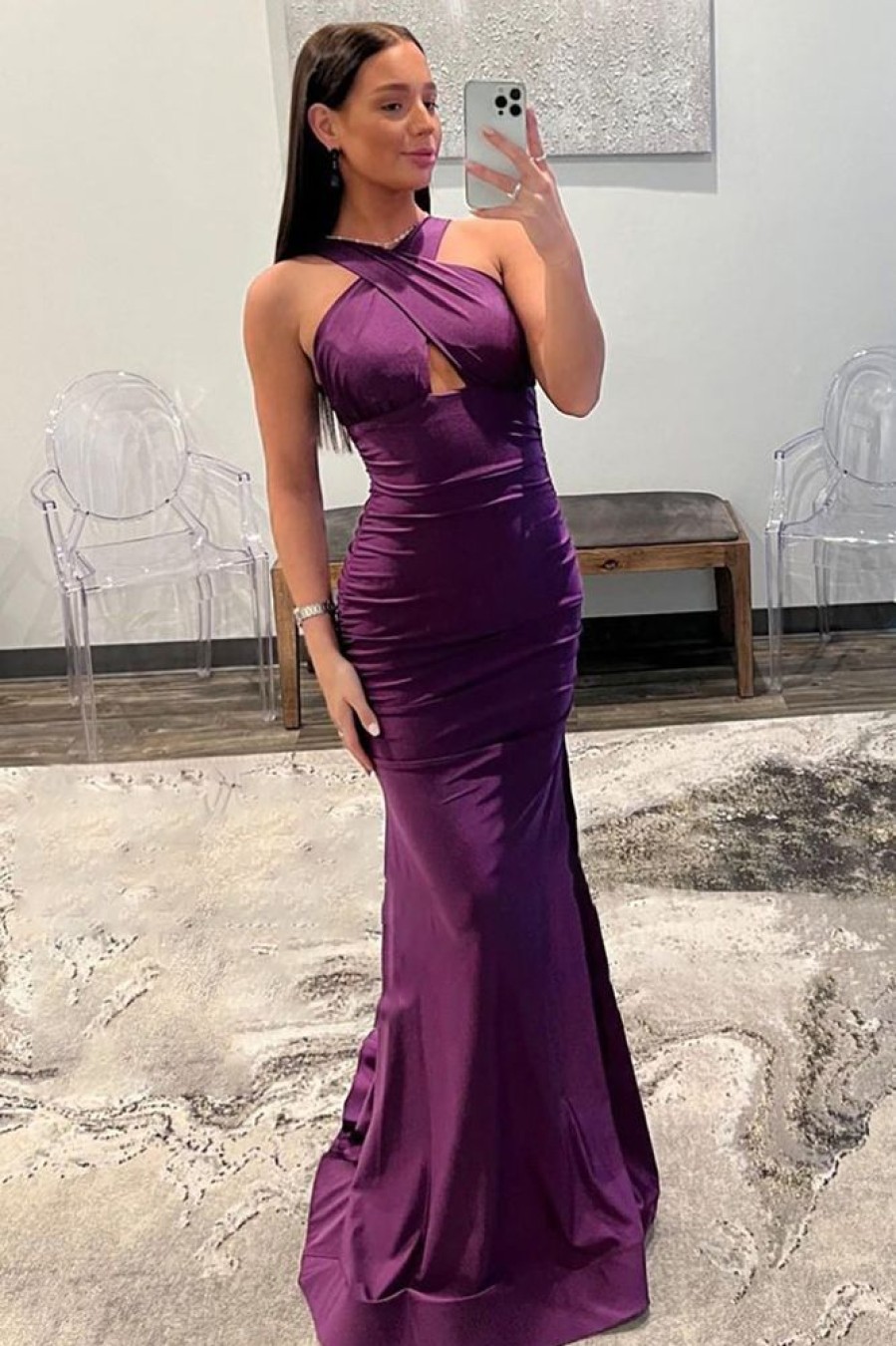 Homrain Halter Neck Satin Prom Dress | Purple Prom Dresses