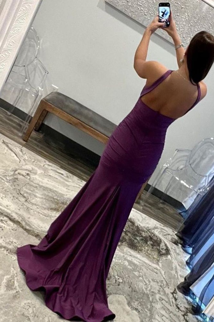 Homrain Halter Neck Satin Prom Dress | Purple Prom Dresses