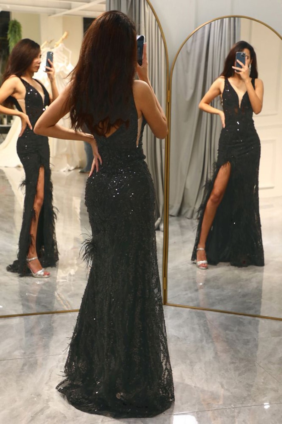 Homrain Sparkly Mermaid Long Feathered Prom Dress With Slit | Black Prom Dresses