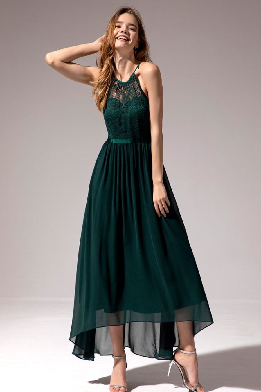 Homrain Dark Chiffon Lace Bridesmaid Dress | Green Prom Dresses