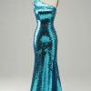 Homrain Sparkly Sequins One Shoulder Long Prom Dress With Slit | Blue Prom Dresses