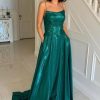 Homrain Simple A Line Spaghetti Straps Long Prom Dress With Criss Cross Back | Green Prom Dresses