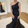 Homrain Mermaid One Shoulder Sequins Long Prom Dress With Split Front | Black Prom Dresses