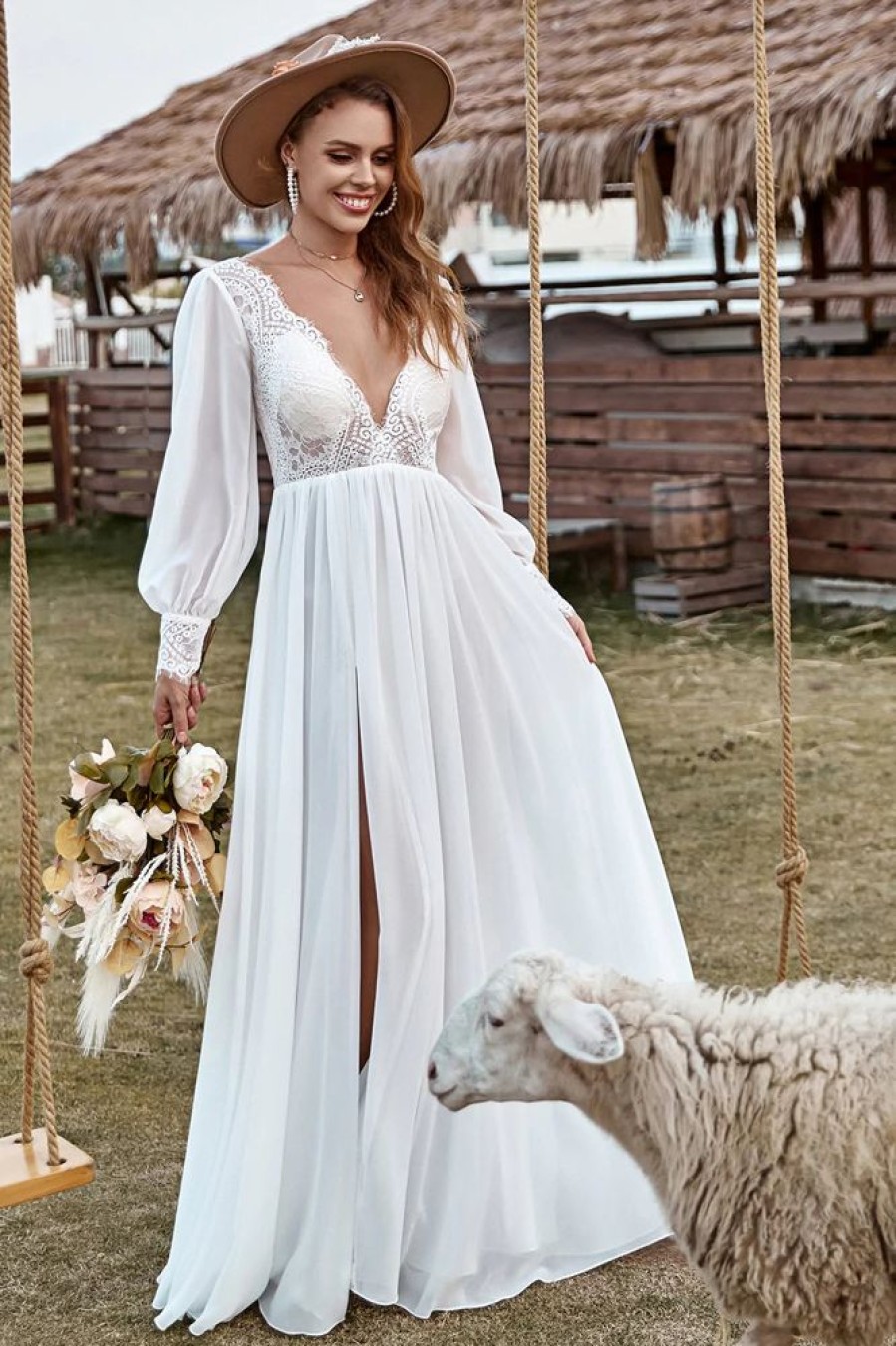 Homrain Lace Chiffon V-Neck Long Sleeve Boho Wedding Dress | Beach Wedding Dresses