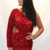 Homrain Dark Waist Cut Out One Shoulder Tight Sequins Homecoming Dress With Sleeves | Red Hoco Dresses