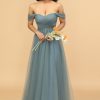 Homrain Off The Shoulder Tulle Bridesmaid Dress With Ruffles | Dusty Blue Bridesmaid Dress