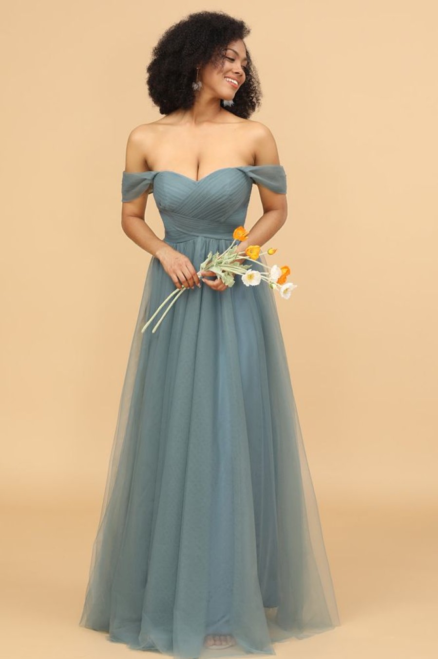 Homrain Off The Shoulder Tulle Bridesmaid Dress With Ruffles | Dusty Blue Bridesmaid Dress