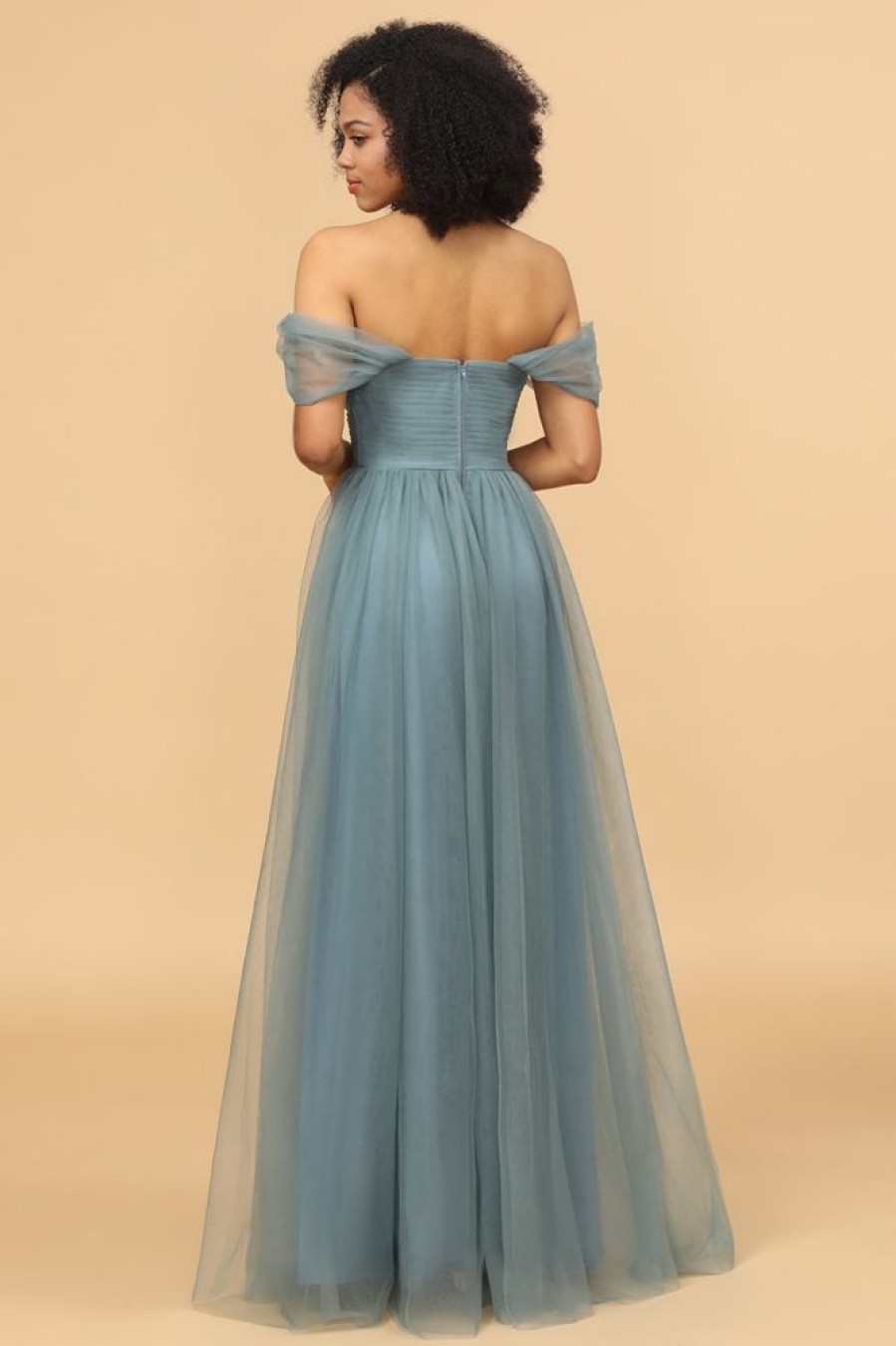 Homrain Off The Shoulder Tulle Bridesmaid Dress With Ruffles | Dusty Blue Bridesmaid Dress