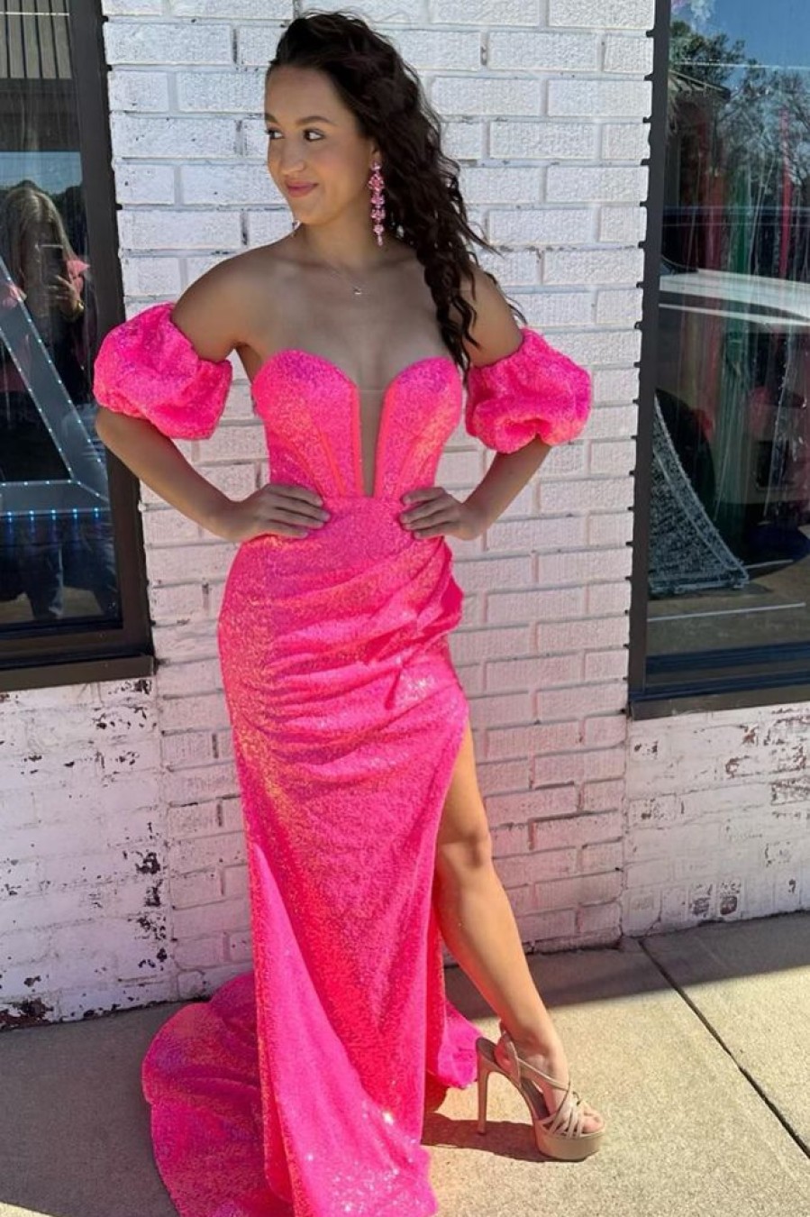 Homrain Sparkly Mermaid Sequins Long Prom Dress With Detachable Sleeves | Hot Pink Prom Dresses