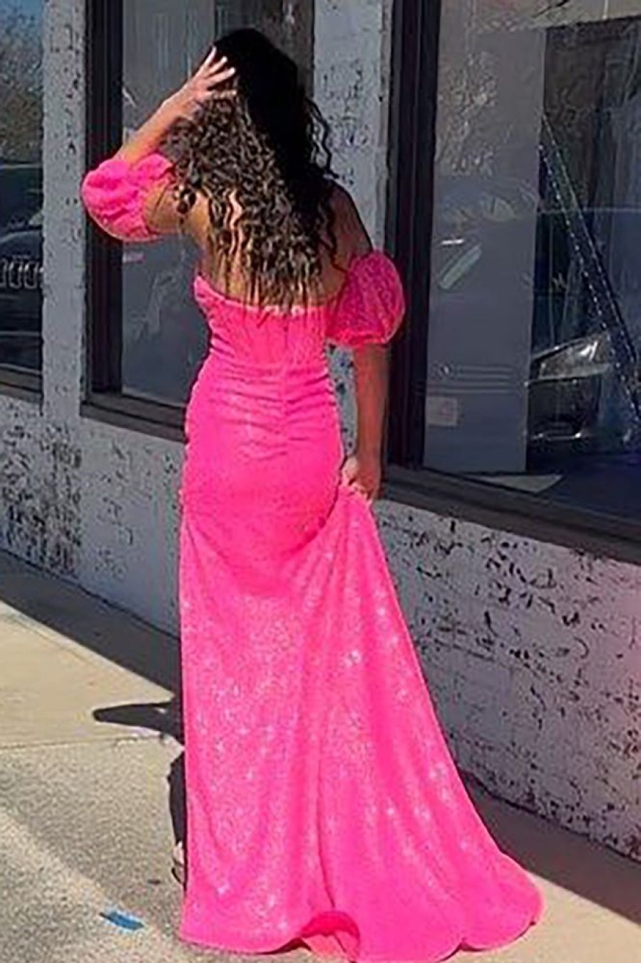 Homrain Sparkly Mermaid Sequins Long Prom Dress With Detachable Sleeves | Hot Pink Prom Dresses