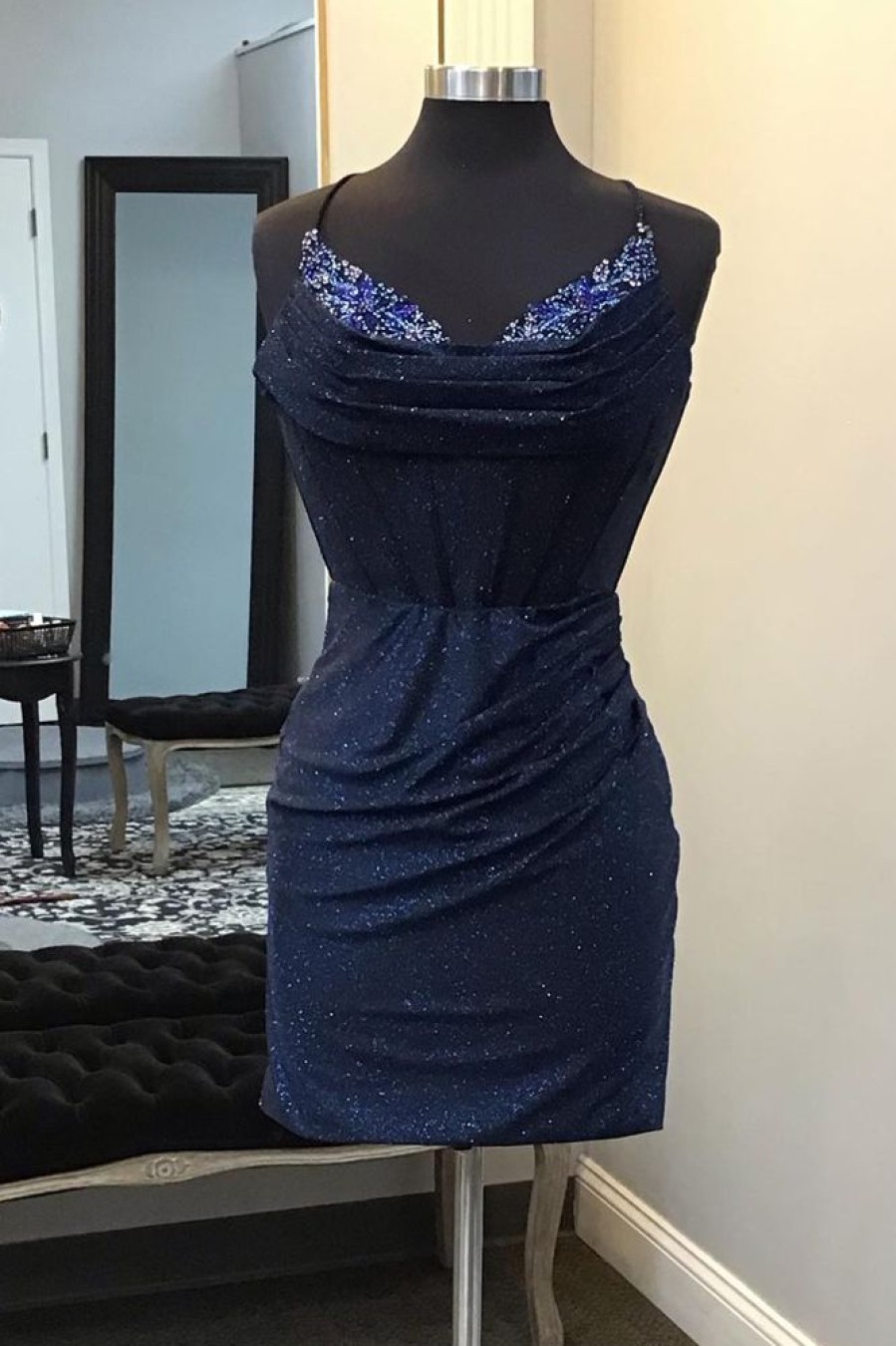 Homrain Glitter Beaded Corset Lace-Up Back Tight Short Homecoming Dress | Blue Hoco Dresses