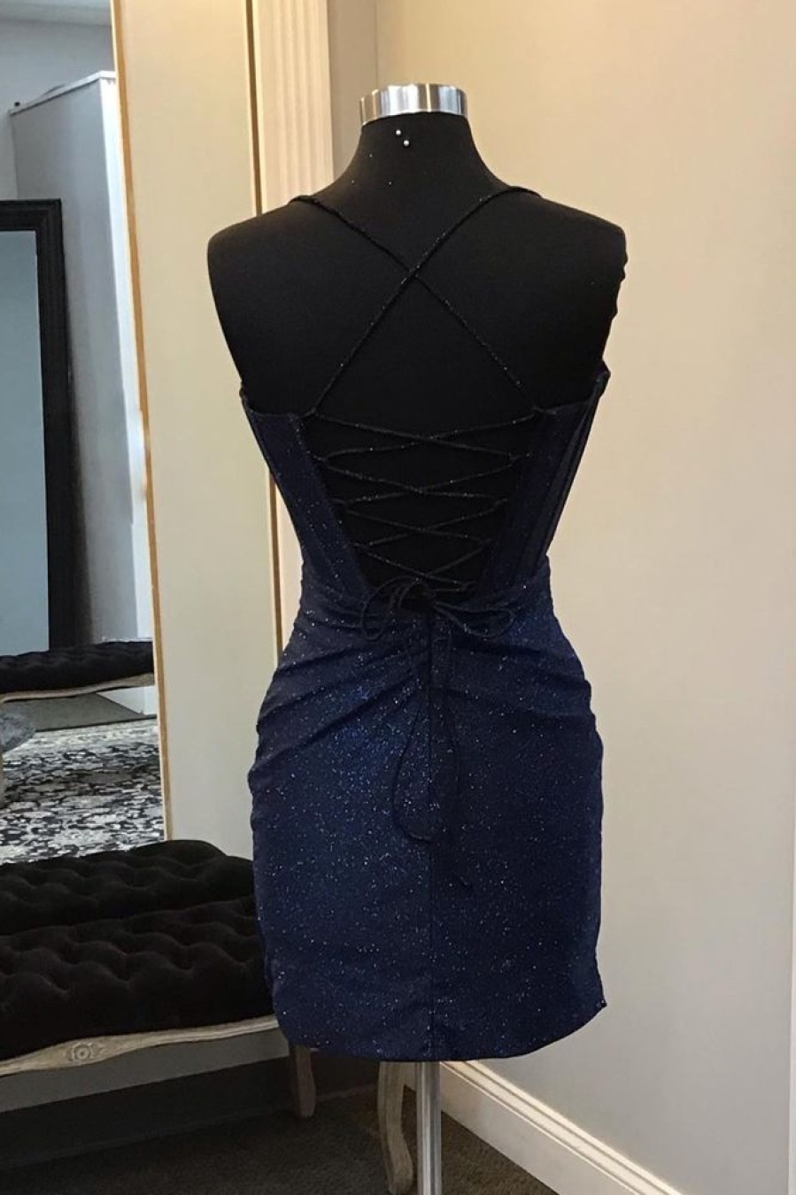 Homrain Glitter Beaded Corset Lace-Up Back Tight Short Homecoming Dress | Blue Hoco Dresses