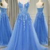 Homrain A Line Tulle Long Prom Dress With Appliques | Blue Prom Dresses