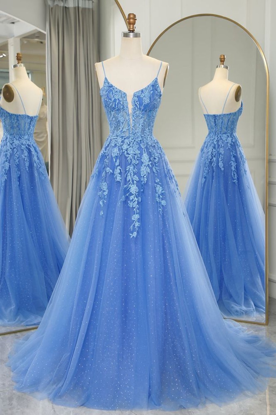 Homrain A Line Tulle Long Prom Dress With Appliques | Blue Prom Dresses