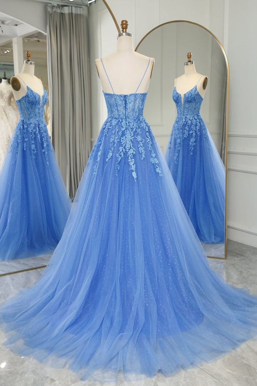 Homrain A Line Tulle Long Prom Dress With Appliques | Blue Prom Dresses