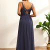 Homrain Ruched Long Chiffon Bridesmaid Dress With Slit | Dusty Blue Bridesmaid Dress