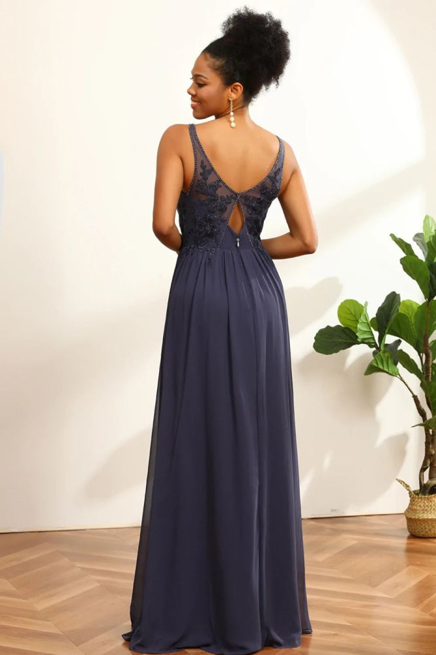 Homrain Ruched Long Chiffon Bridesmaid Dress With Slit | Dusty Blue Bridesmaid Dress