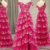 Homrain Glitter A Line Long Tiered Corset Prom Dress With Lace | Hot Pink Prom Dresses