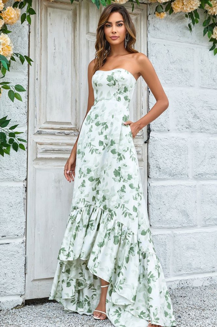 Homrain Asymmetrical Printed Long Wedding Party Dress With Strapless | Wedding Guest Dresses