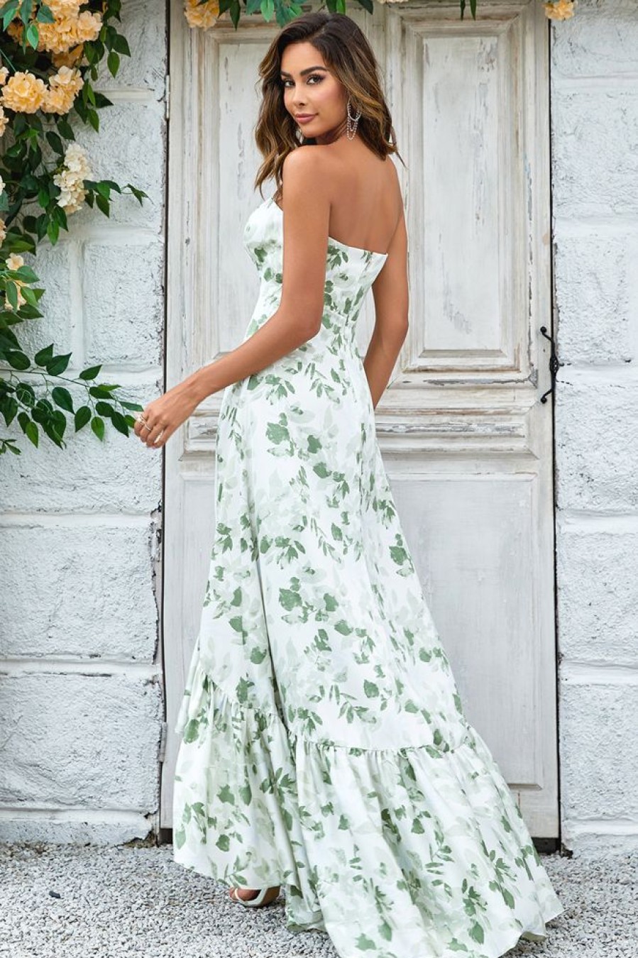 Homrain Asymmetrical Printed Long Wedding Party Dress With Strapless | Wedding Guest Dresses