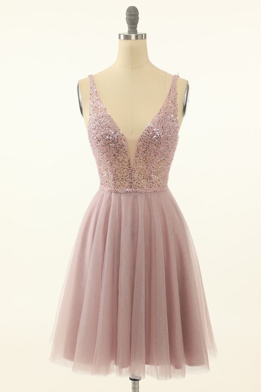 Homrain Blush Tulle & Sequins Cute Homecoming Dress | Pink Hoco Dresses