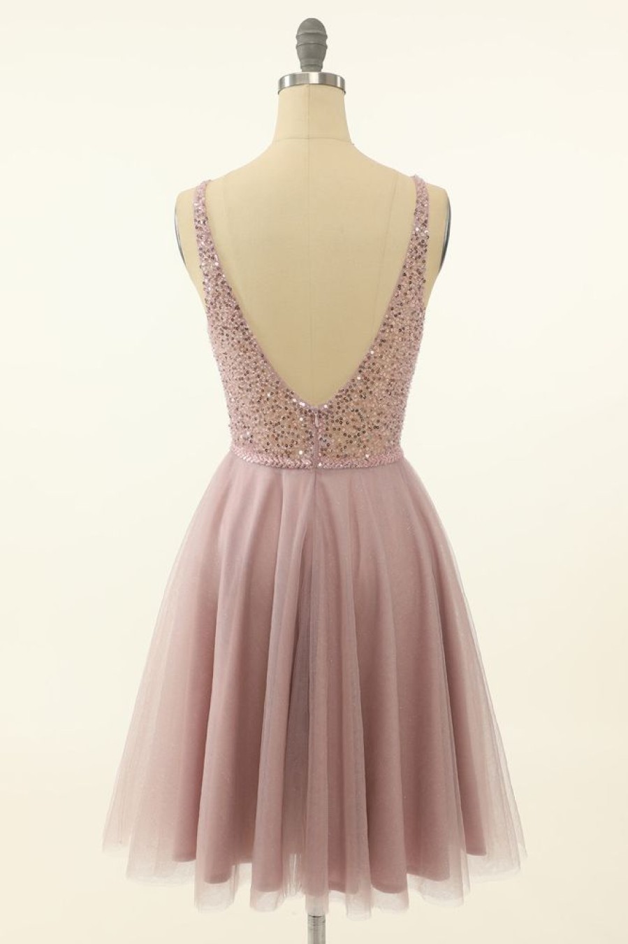 Homrain Blush Tulle & Sequins Cute Homecoming Dress | Pink Hoco Dresses