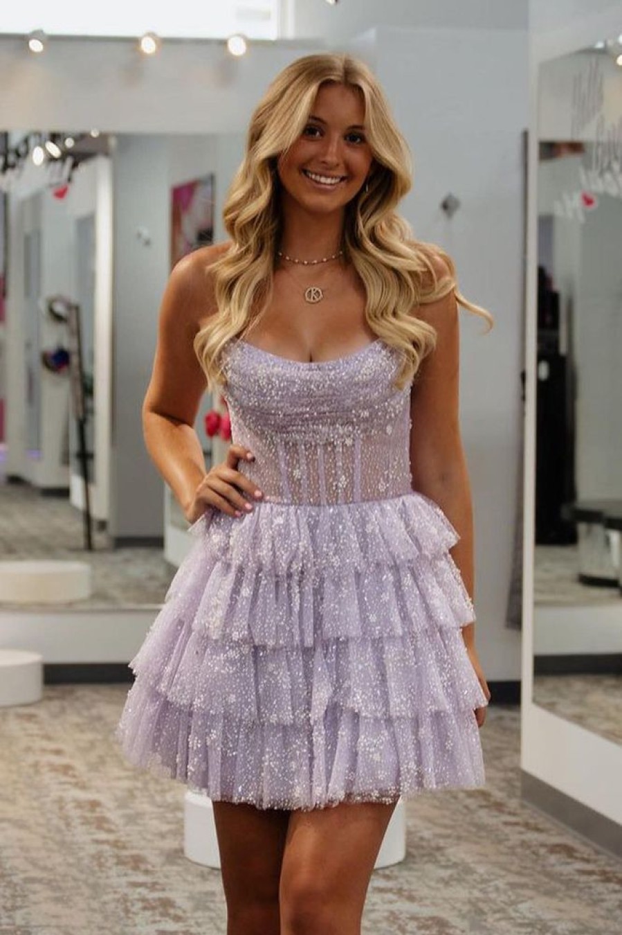 Homrain Corset A-Line Short Tulle Tiered Homecoming Dress | Purple Hoco Dresses