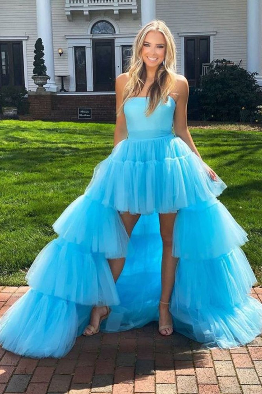 Homrain A-Line High Low Strapless Homecoming Dress With Ruffles | Blue Prom Dresses