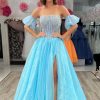 Homrain Sparkly Beaded Detachable Short Sleeves A-Line Long Prom Dress With Slit | Blue Prom Dresses