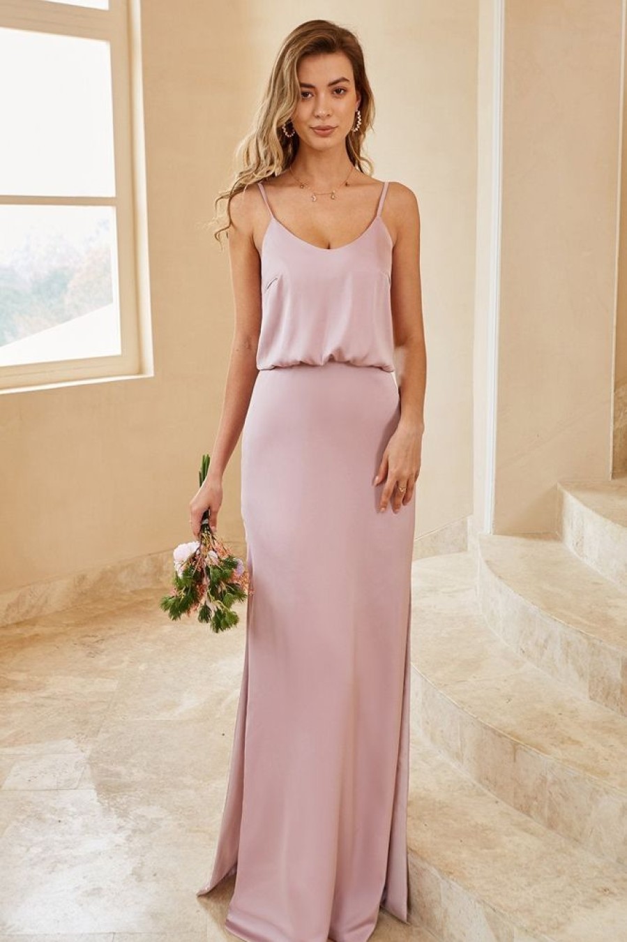 Homrain Spaghetti Straps Long Bridesmaid Dress | Dusty Rose Bridesmaid Dress