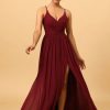 Homrain A-Line Chiffon Bridesmaid Dress With Slit | Burgundy Bridesmaid Dress