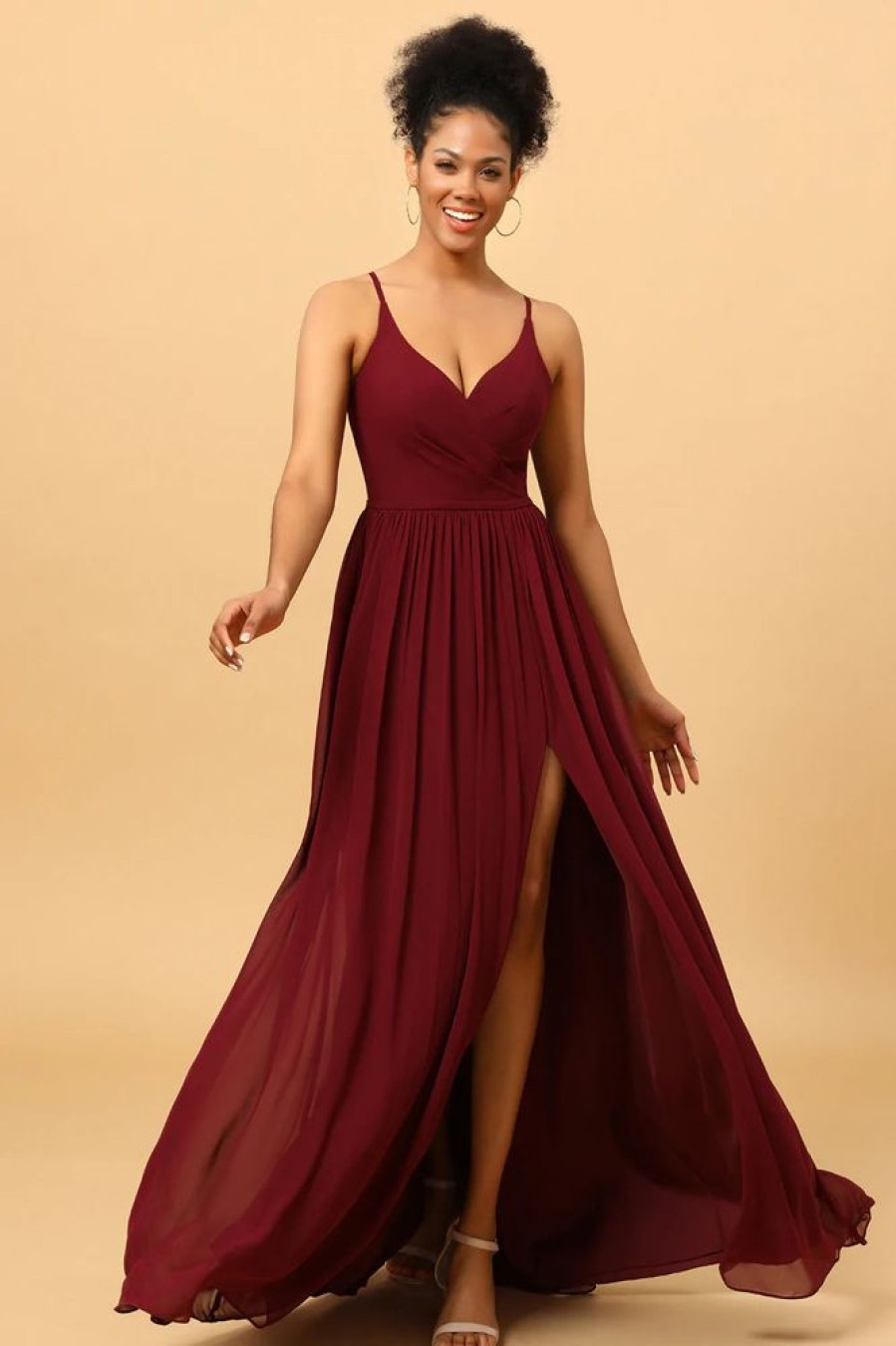 Homrain A-Line Chiffon Bridesmaid Dress With Slit | Burgundy Bridesmaid Dress