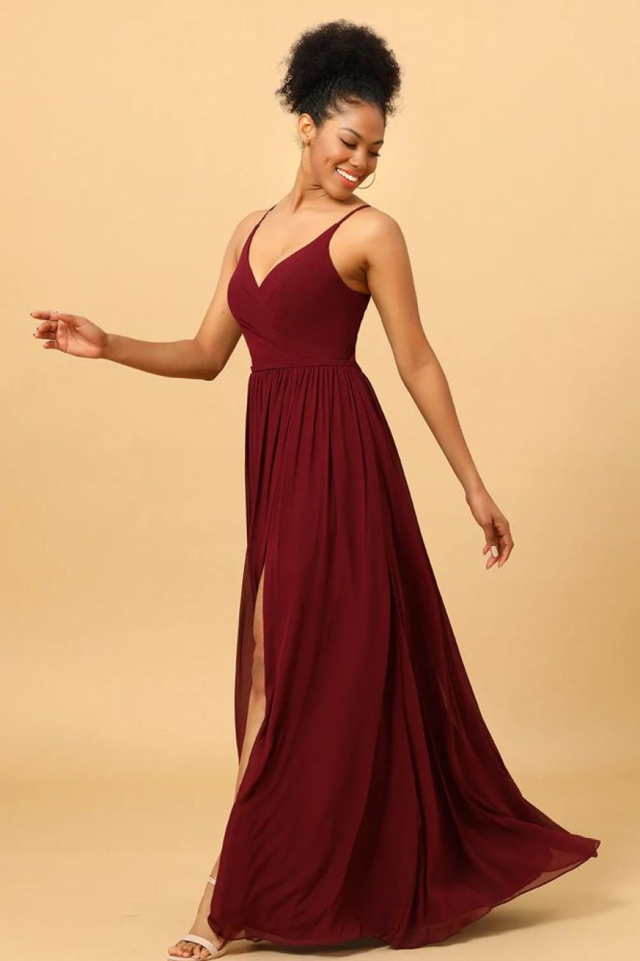 Homrain A-Line Chiffon Bridesmaid Dress With Slit | Burgundy Bridesmaid Dress