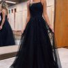 Homrain A-Line Tulle Long Prom Dress With Lace | Black Prom Dresses