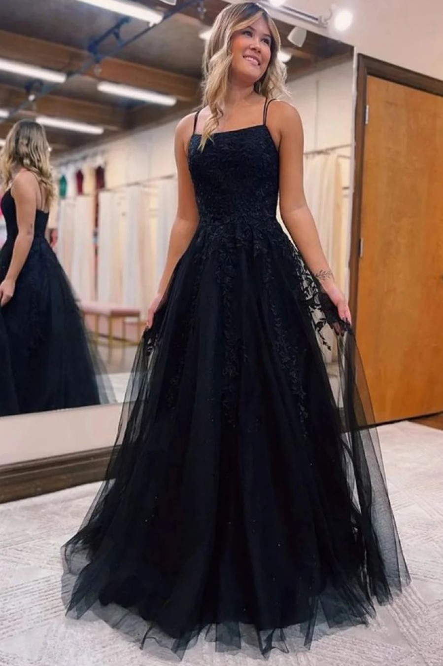 Homrain A-Line Tulle Long Prom Dress With Lace | Black Prom Dresses