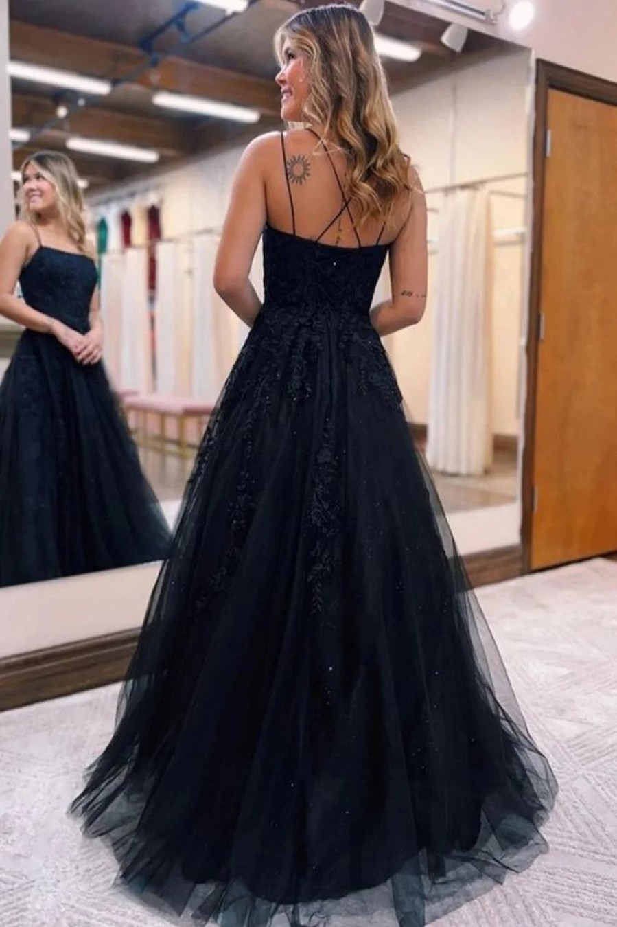 Homrain A-Line Tulle Long Prom Dress With Lace | Black Prom Dresses