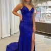 Homrain Mermaid Spaghetti Straps Sequins Long Prom Dress With Split Front | Blue Prom Dresses