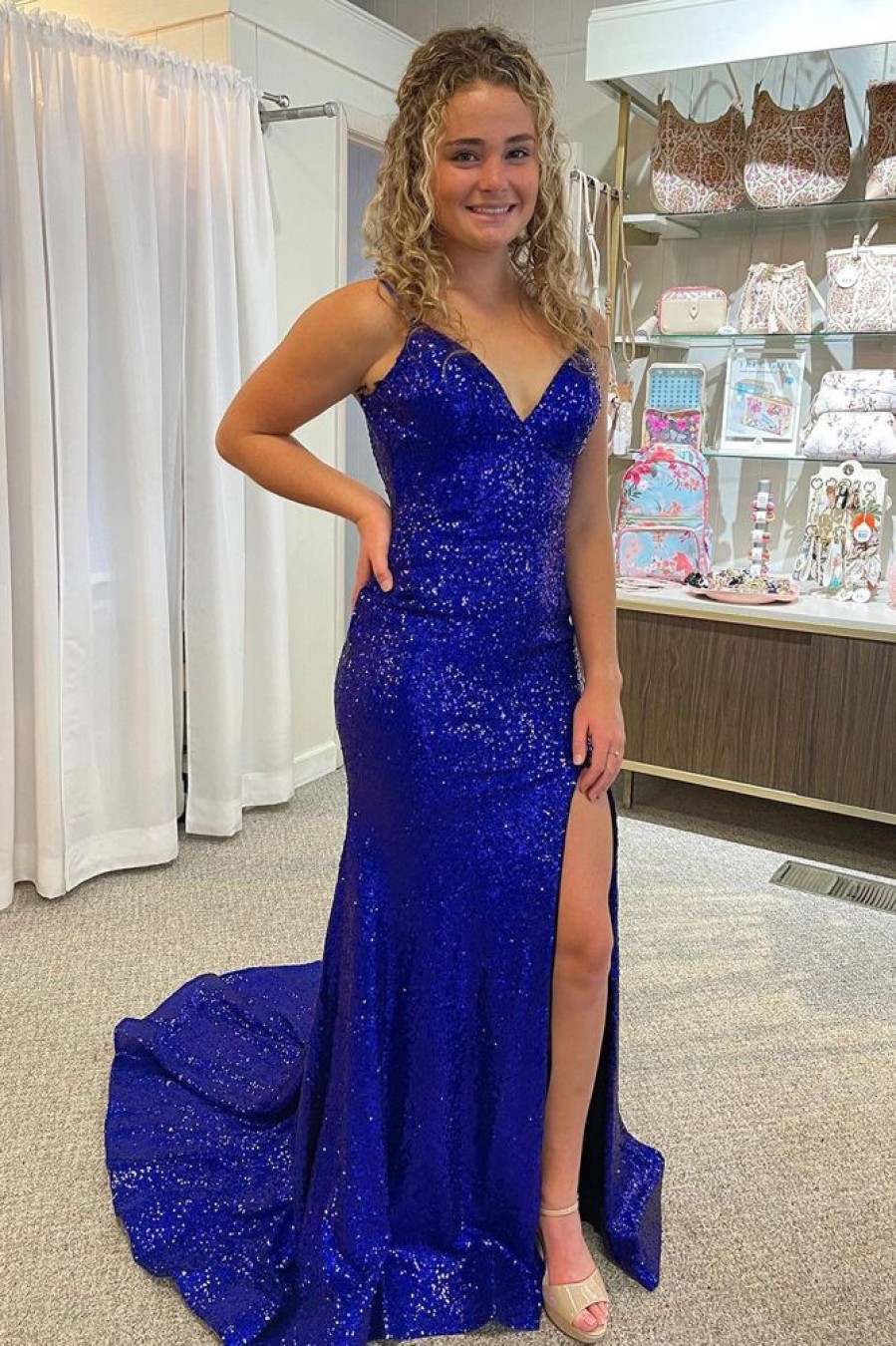 Homrain Mermaid Spaghetti Straps Sequins Long Prom Dress With Split Front | Blue Prom Dresses