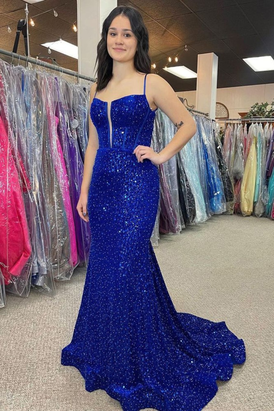 Homrain Beaded Sparkly Mermaid Corset Prom Dress | Blue Prom Dresses