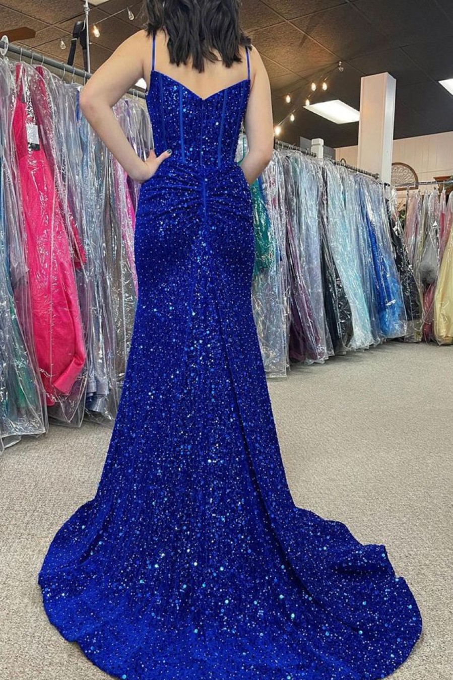 Homrain Beaded Sparkly Mermaid Corset Prom Dress | Blue Prom Dresses