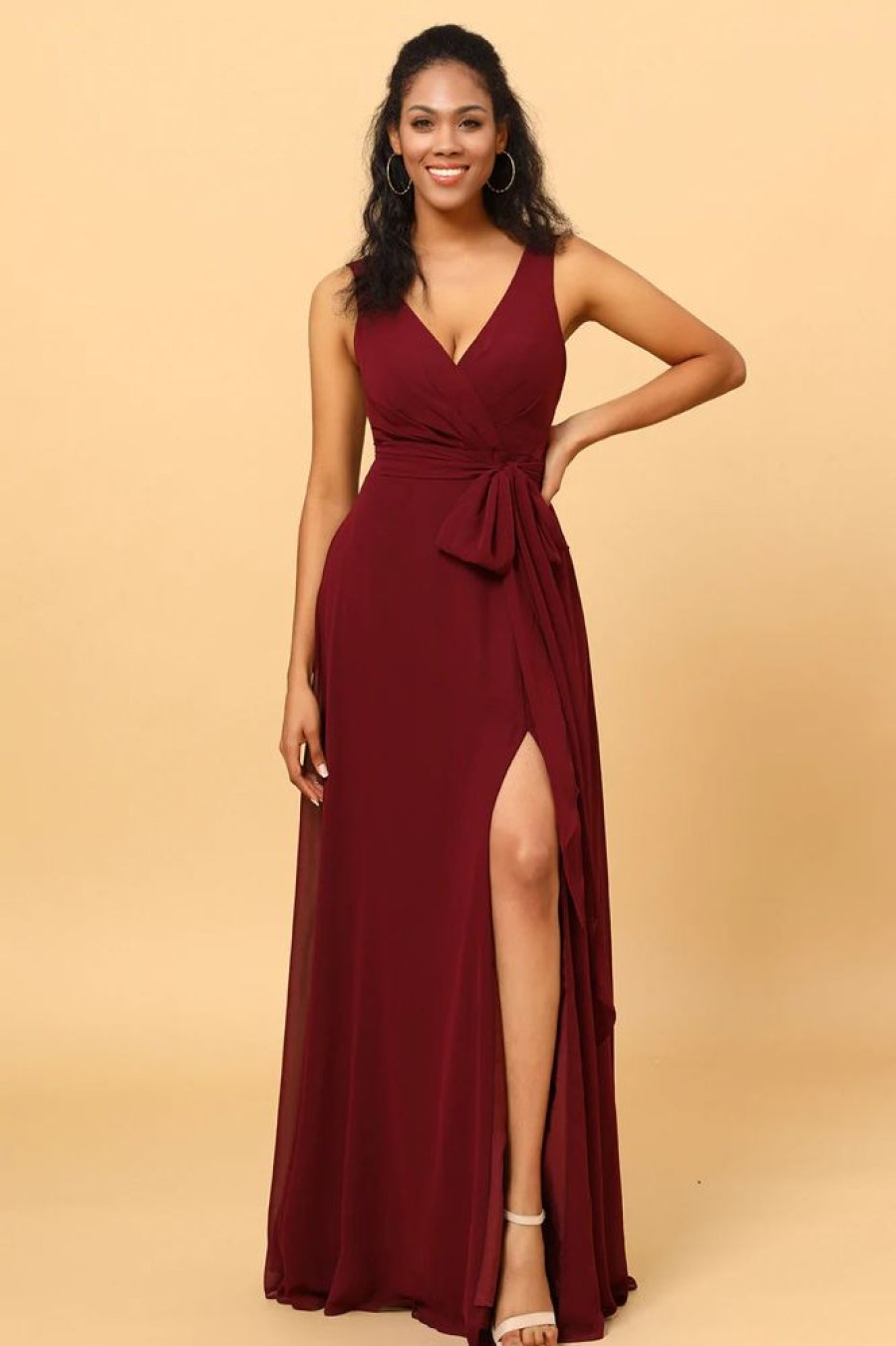 Homrain Burgundy Wrap Chiffon Bridesmaid Dress With Slit | Burgundy Bridesmaid Dress