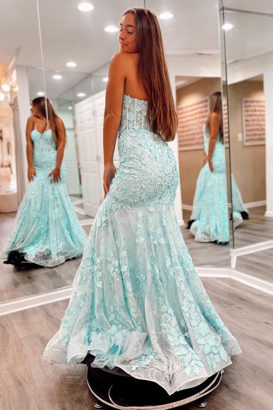 Homrain Green Strapless Mermaid Corset Prom Dress With Appliques | Green Prom Dresses