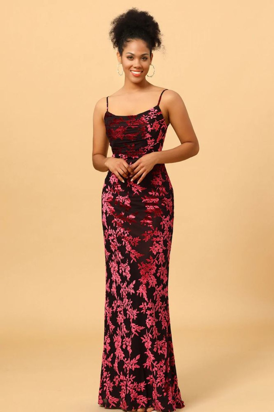 Homrain Sheath Spaghetti Straps Printed Velvet Long Prom Dress With Silt | Wedding Guest Dresses