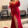 Homrain Detachable Long Sleeves Long Prom Dress With Feathers | Red Prom Dresses